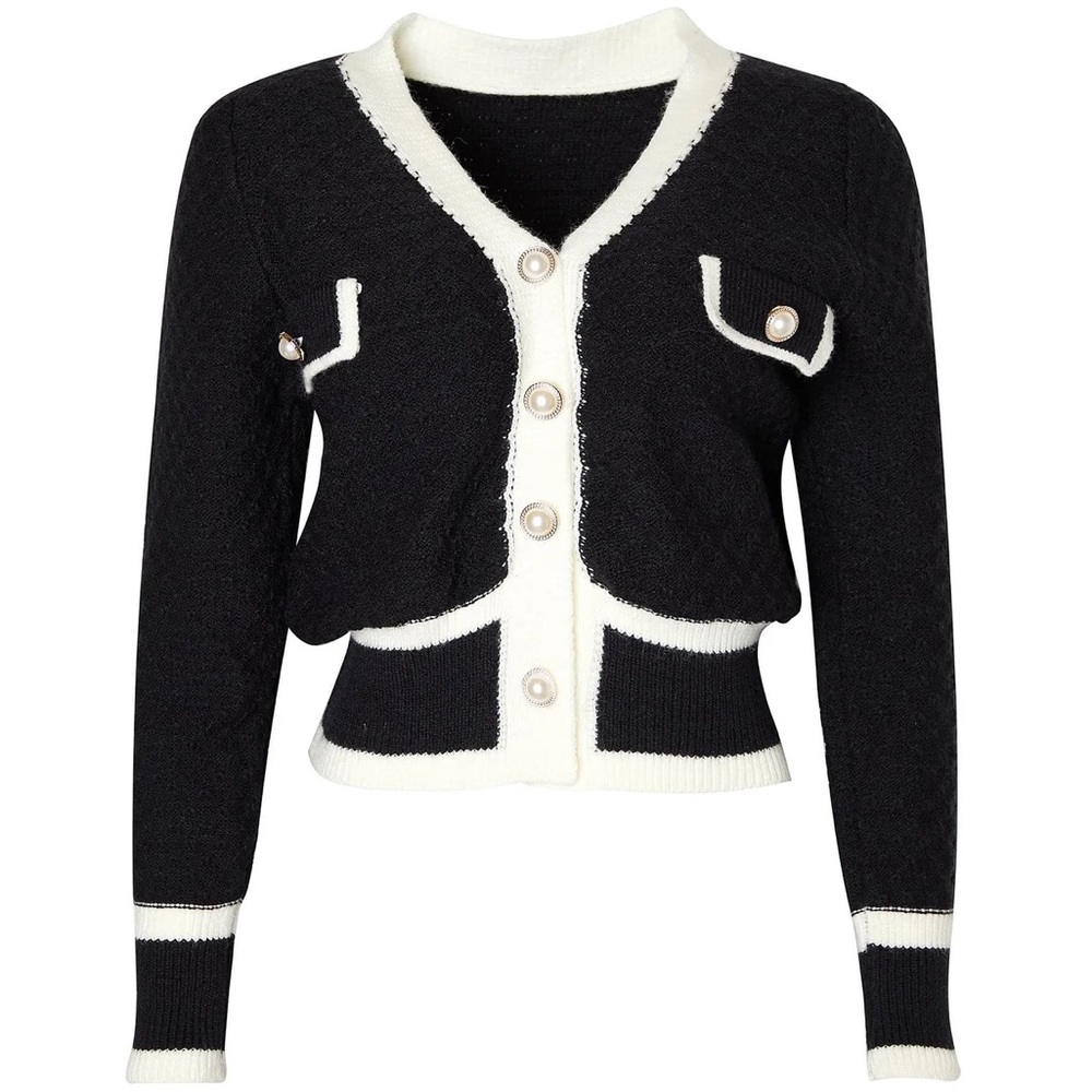 J.ING Susie Black Contrast Button Up Knit Cardigan